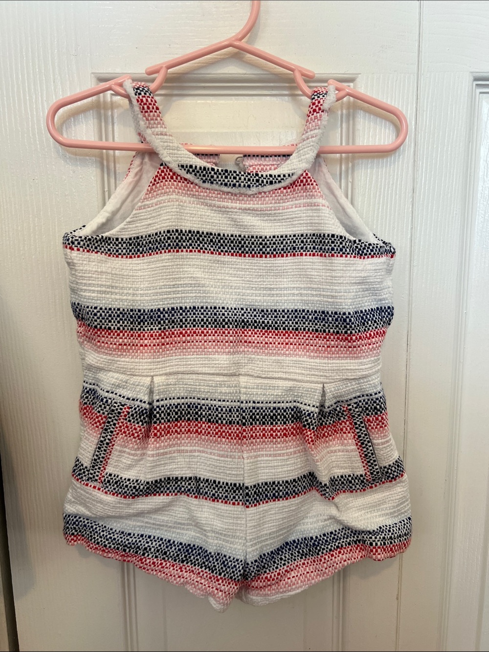 Janie and Jack Striped Knit Halter Romper in White, Navy & Coral